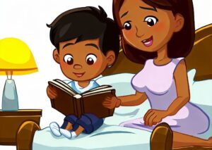 a cartoon of a woman and a child reading a book