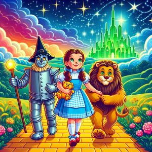 A colorful illustration of Dorothy holding Toto, walking along the Yellow Brick Road with the Scarecrow, Tin Woodman, and Cowardly Lion, with the Emerald City glowing in the distance under a bright, magical sky.