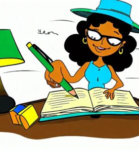 cartoon a woman writing on a book