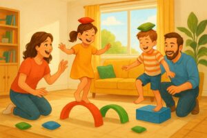 Family doing a playful challenge together at home