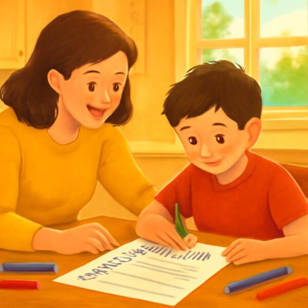 Parent helping child set a simple goal at the kitchen table