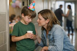 Parent calmly reassuring a child after an embarrassing public moment