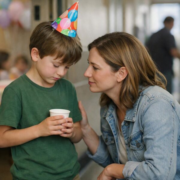Parent calmly reassuring a child after an embarrassing public moment