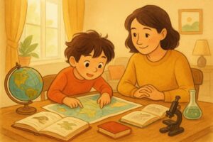 Parent supporting a curious gifted child exploring books and learning materials at home