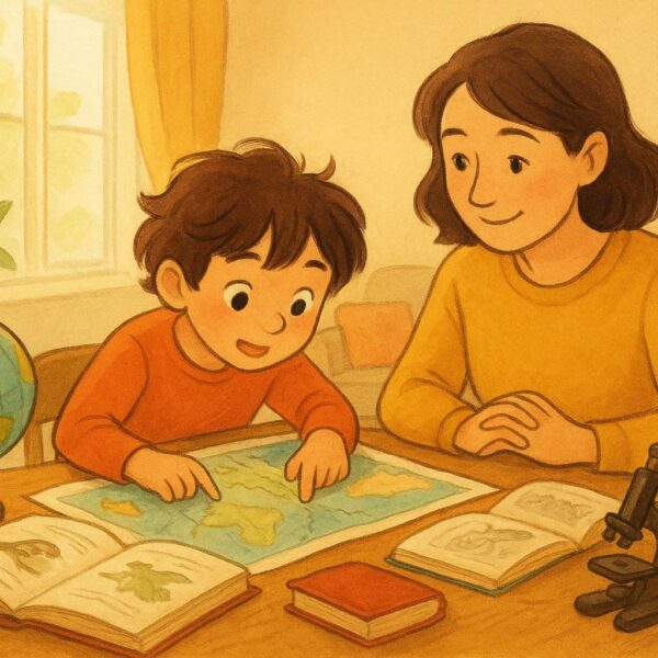 Parent supporting a curious gifted child exploring books and learning materials at home