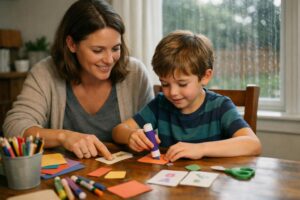 Parent helping a child with hands-on rainy day learning activities at home