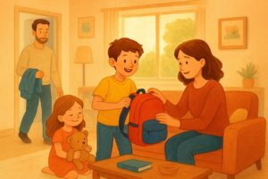 Parent helping an active child settle at home after a busy day of activities