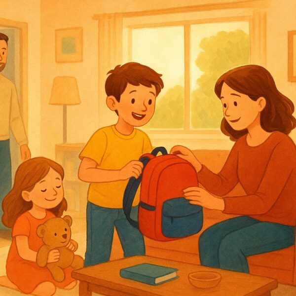 Parent helping an active child settle at home after a busy day of activities