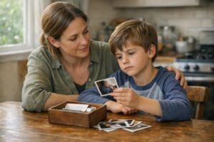 Parent comforting child while looking through memory photos at a kitchen table