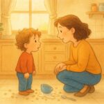Calm parent kneeling to talk with a child in a warm kitchen after a small mess