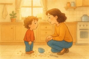 Calm parent kneeling to talk with a child in a warm kitchen after a small mess