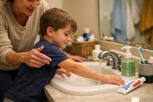 Parent calmly helping a child practice healthy hygiene habits at the bathroom sink