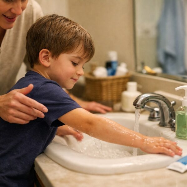 Parent calmly helping a child practice healthy hygiene habits at the bathroom sink