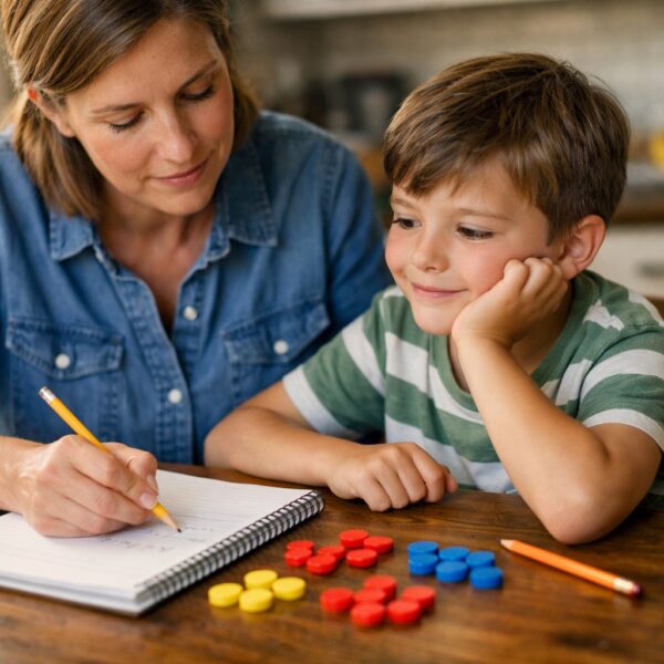 Parent and child working together on a simple math activity at a kitchen table