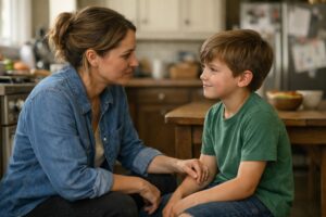 Parent calmly teaching a child to reset and speak respectfully after a tense moment