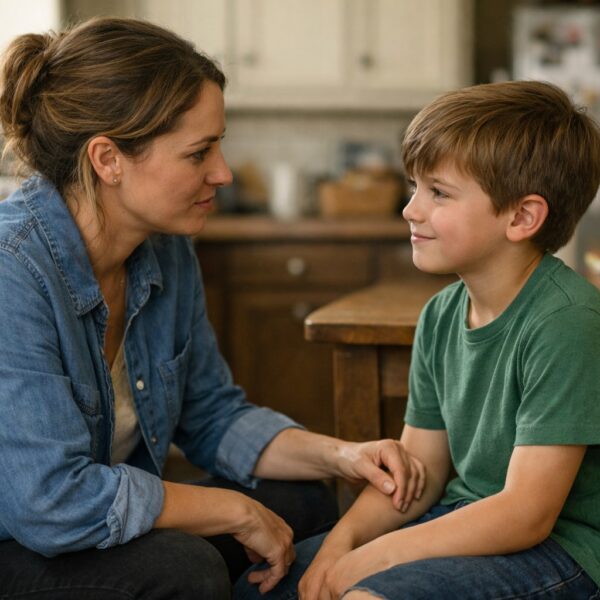 Parent calmly teaching a child to reset and speak respectfully after a tense moment