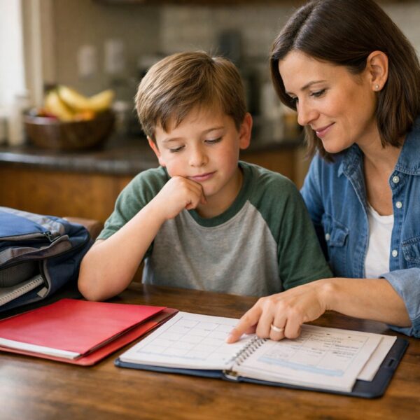 Parent and child reviewing school materials together after school at the kitchen table