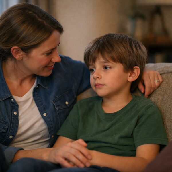 Parent listening supportively to a child who feels lonely on a living room couch