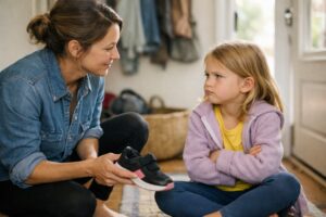 Parent calmly talking with a child who is refusing to put shoes on before leaving the house