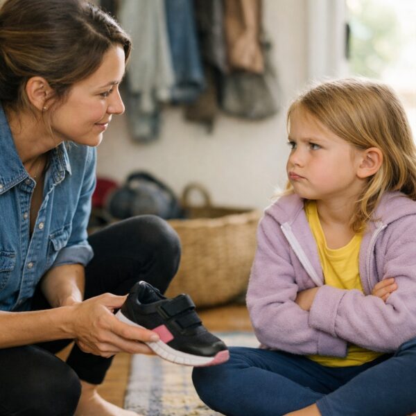 Parent calmly talking with a child who is refusing to put shoes on before leaving the house